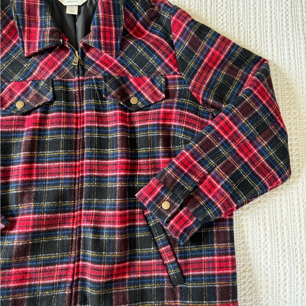 CJ Banks Red and Black Plaid Shirt Jacket - Picture 3 of 5